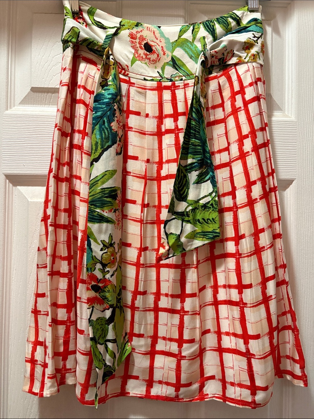Maeve Cream A-Line Skirt with Red Grid and Green Floral Sash